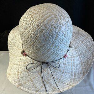 Vintage 90s Women's Straw Sun Hat Woven Beach Garden ~ White/Tan w/Black String